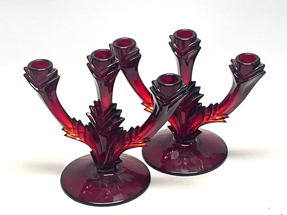 VTG Duncan Miller Ruby Red Glass Candelabra Candle Holders Pair 8" Book Piece